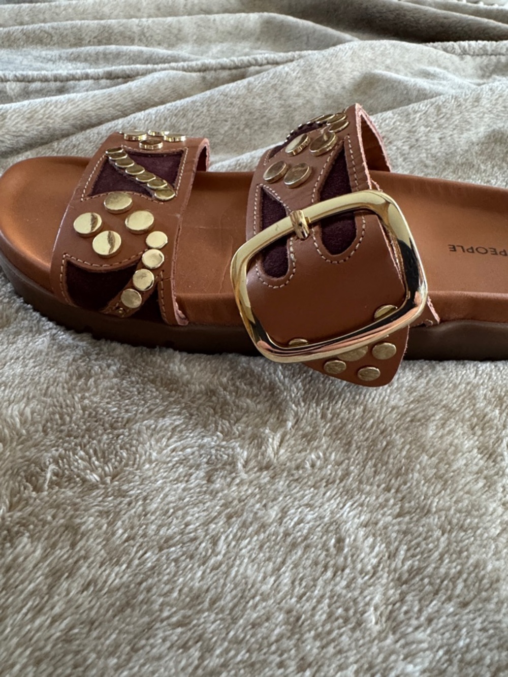 Free People Brown Leather Slide Sandals with Gold Studs - Picture 7 of 11
